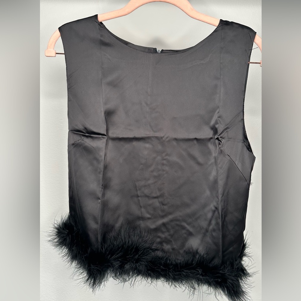 Chic Black Feather Trim Crop Top - Sizes S, M, L